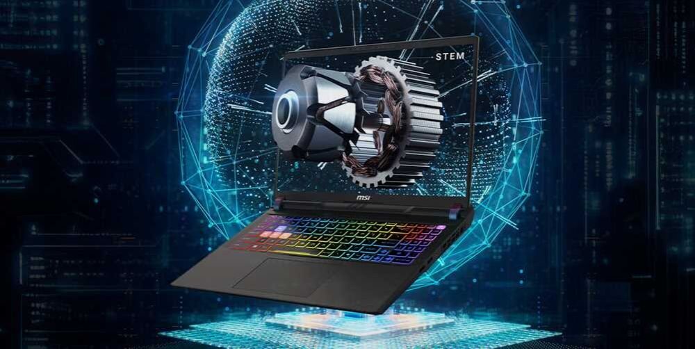 Laptop z podświetlaną klawiaturą i logo MSI na obudowie. Na ekranie widoczna jest grafika z elementami technologicznymi i napisem STEM.