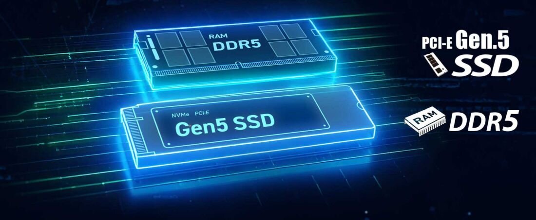 Grafika przedstawia dwa moduły pamięci z napisami RAM DDR5 i Gen5 SSD. Obok widnieje tekst PCI-E Gen.5 SSD i RAM DDR5.