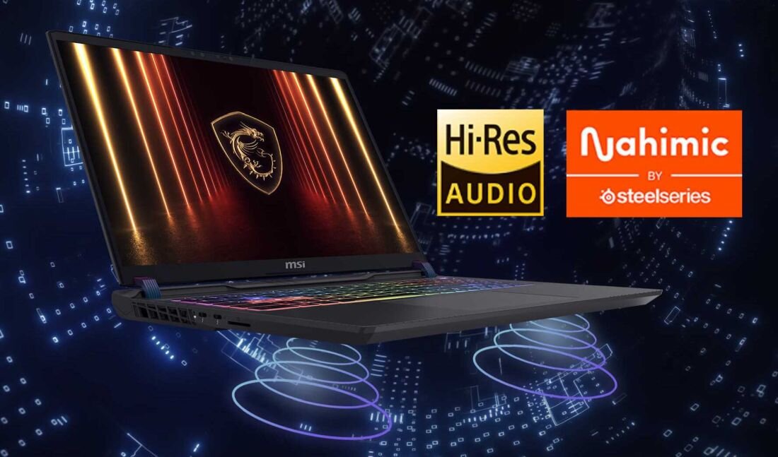 Laptop z podświetlaną klawiaturą i logo MSI na ekranie. Obok znajdują się napisy: \'Hi-Res Audio\' i \'Nahimic by steelseries\'.