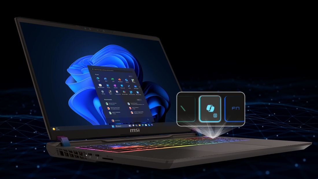 Laptop z kolorową klawiaturą i logo MSI na obudowie. Na ekranie widoczny jest system Windows 11 z otwartym menu Start.