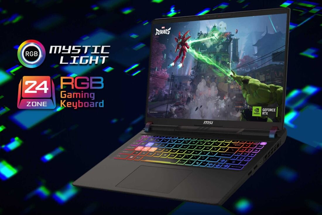 Laptop z kolorową klawiaturą RGB i ekranem wyświetlającym grę. Widoczne napisy: RGB Mystic Light, 24 Zone RGB Gaming Keyboard, Rivals, GeForce RTX, MSI.