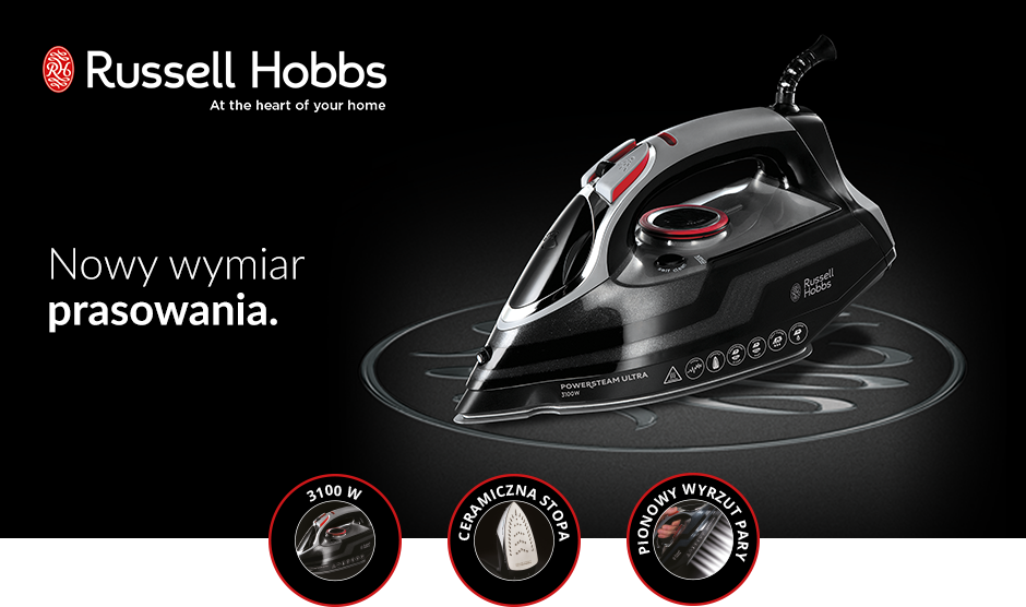 Obraz przedstawia czarne żelazko z czerwonymi i srebrnymi elementami, z widocznym logo Russell Hobbs. Na obrazie znajduje się tekst: \'Nowy wymiar prasowania\', \'3100 W\', \'CERAMICZNA STOPA\', \'PIONOWY WYRZUT PARY\'.