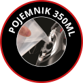 Okrągła ikona z napisem \'POJEMNIK 350ML\' przedstawia rękę nalewającą wodę do otworu żelazka.