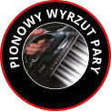 Okrągła ikona z napisem \'PIONOWY WYRZUT PARY\' wokół zdjęcia żelazka emitującego parę.