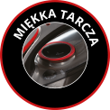 Okrągła ikona z napisem \'MIĘKKA TARCZA\' wokół zdjęcia elementu urządzenia z czerwonymi akcentami.
