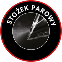 Czarno-biała grafika przedstawiająca stożek parowy z żelazka, otoczona czerwonym okręgiem z napisem \'STOŻEK PAROWY\'.