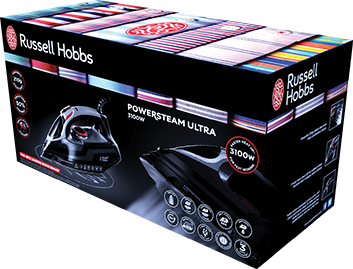 Opakowanie żelazka z napisem \'Russell Hobbs\' oraz \'Powersteam Ultra 3100W\'. Widoczne są zdjęcia żelazka i ikony przedstawiające jego funkcje.