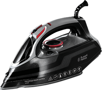 Czarne żelazko z czerwonymi i srebrnymi akcentami, z widocznym logo Russell Hobbs oraz napisem \'POWERSTEAM ULTRA 3100W\'. Na obudowie znajdują się symbole wskazujące funkcje urządzenia.