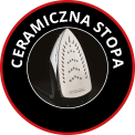Obraz przedstawia żelazko z napisem \'CERAMICZNA STOPA\' w okręgu. Widoczna jest stopa żelazka z otworami na parę.