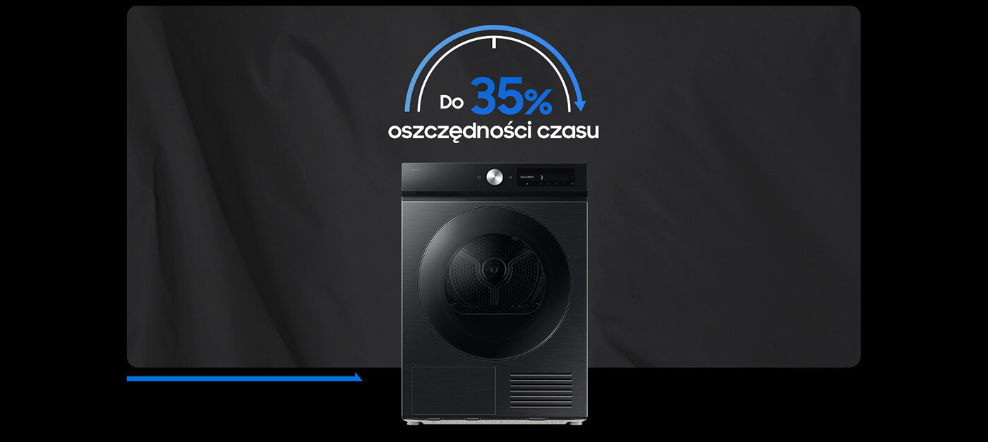 Czarna suszarka z okrągłym bębnem na tle ciemnego materiału. Nad suszarką widnieje napis \'Do 35% oszczędności czasu\'.