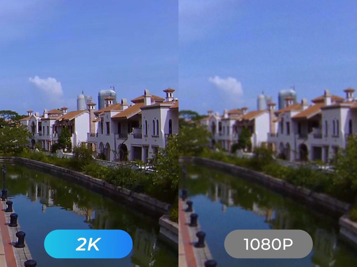 Obraz przedstawia porównanie jakości wideo dwóch rozdzielczości: 2K i 1080P. Po lewej stronie widoczny jest napis \'2K\', a po prawej \'1080P\'.