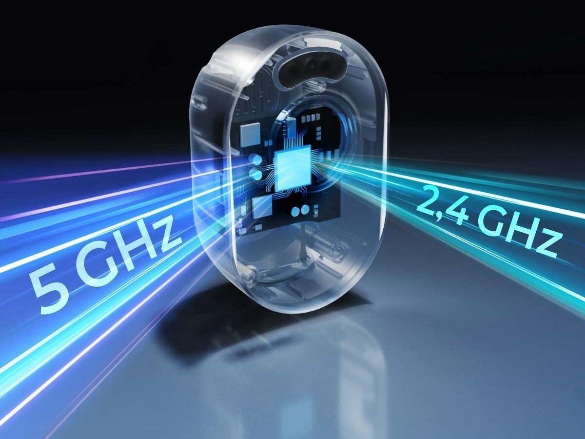 Obraz przedstawia przezroczysty model urządzenia elektronicznego z widocznymi wewnętrznymi komponentami. Na obrazie widnieją napisy \'5 GHz\' i \'2,4 GHz\' z efektami świetlnymi.