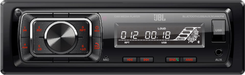 Czarne radio samochodowe z wyświetlaczem pokazującym \'0 12 00 18\' oraz przyciskami funkcyjnymi. Widoczne logo \'JBL\' i napisy \'CAR MEDIA PLAYER\' oraz \'BLUETOOTH/USB/AUX/SD/MMC/FM\'.
