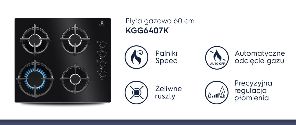 Obraz przedstawia płytę gazową z czterema palnikami i żeliwnymi rusztami. Obok znajdują się ikony z napisami: \'Palniki Speed\', \'Automatyczne odcięcie gazu\', \'Żeliwne ruszty\', \'Precyzyjna regulacja płomienia\'.