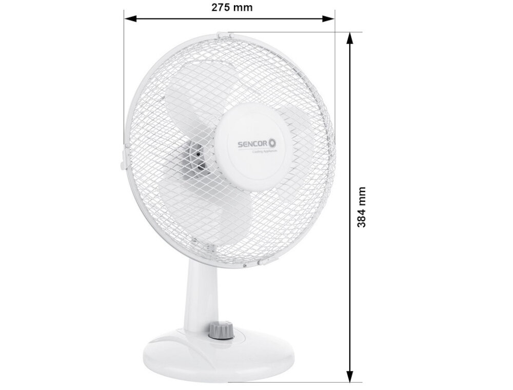 Biały wentylator z trzema łopatkami, umieszczony na podstawie z pokrętłem. Na środku osłony widoczne jest logo \'SENCOR\' oraz wymiary: 275 mm szerokości i 384 mm wysokości.