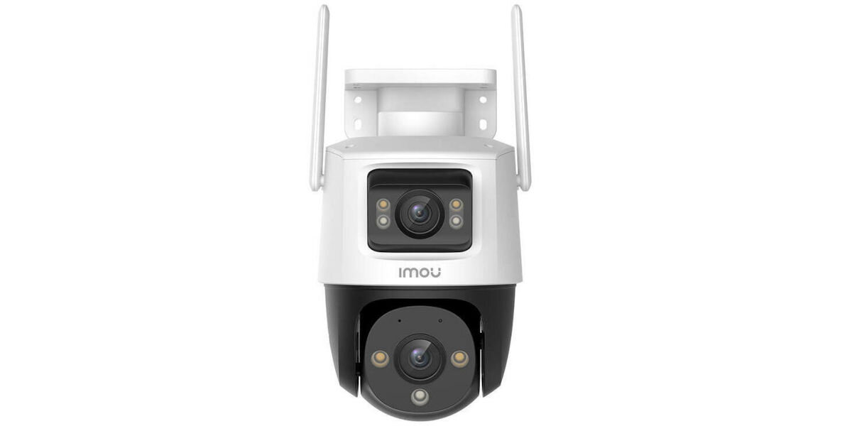 Na obrazie widoczna jest zewnętrzna kamera monitoringu w kolorze białym z dwoma obiektywami i antenami po bokach. Na obudowie znajduje się logo \'imou\'.