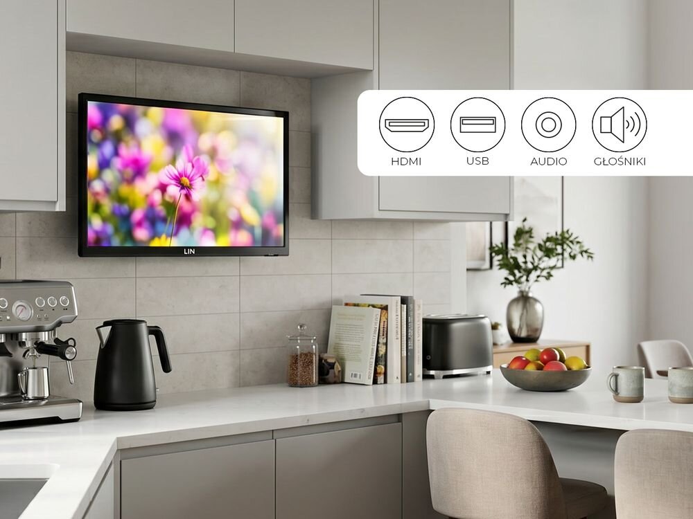 Telewizor LIN 24LHDD06 HDMI USB VGA EURO Composite gniazdo CI, telewizor zawieszony na ścianie w pomieszczeniu