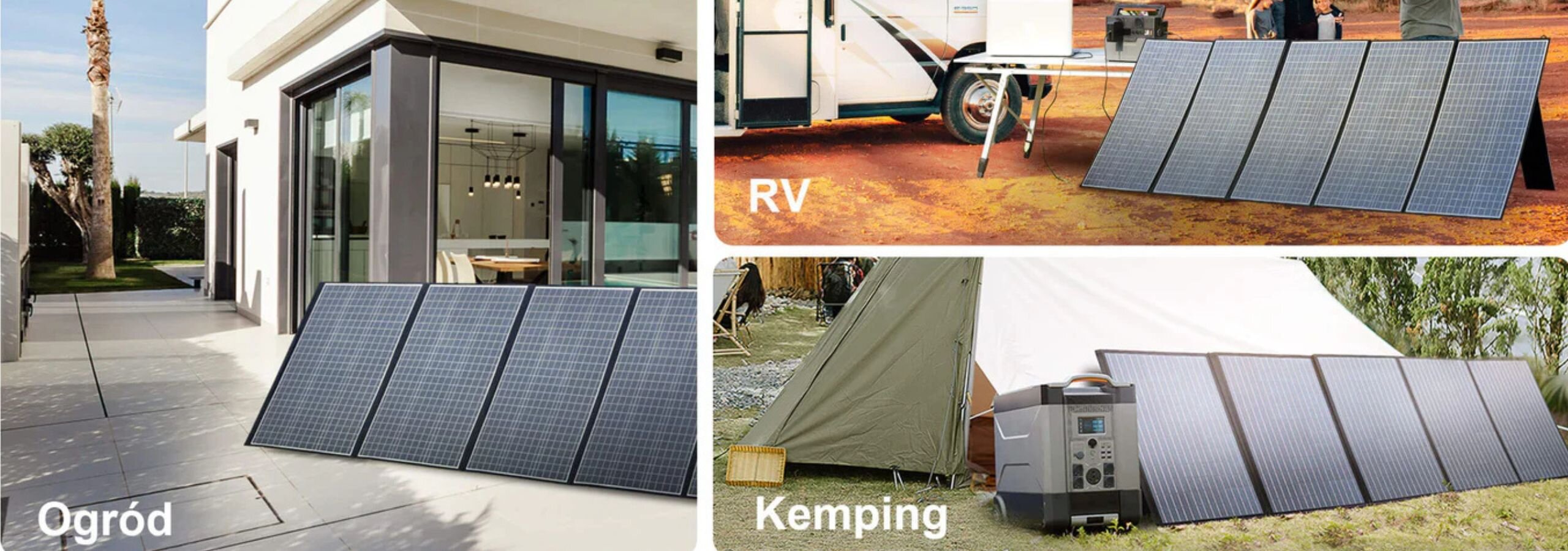 Obraz przedstawia trzy sceny z panelami solarnymi: w ogrodzie, przy RV oraz na kempingu. Widoczny tekst to \'Ogród\', \'RV\' i \'Kemping\'.