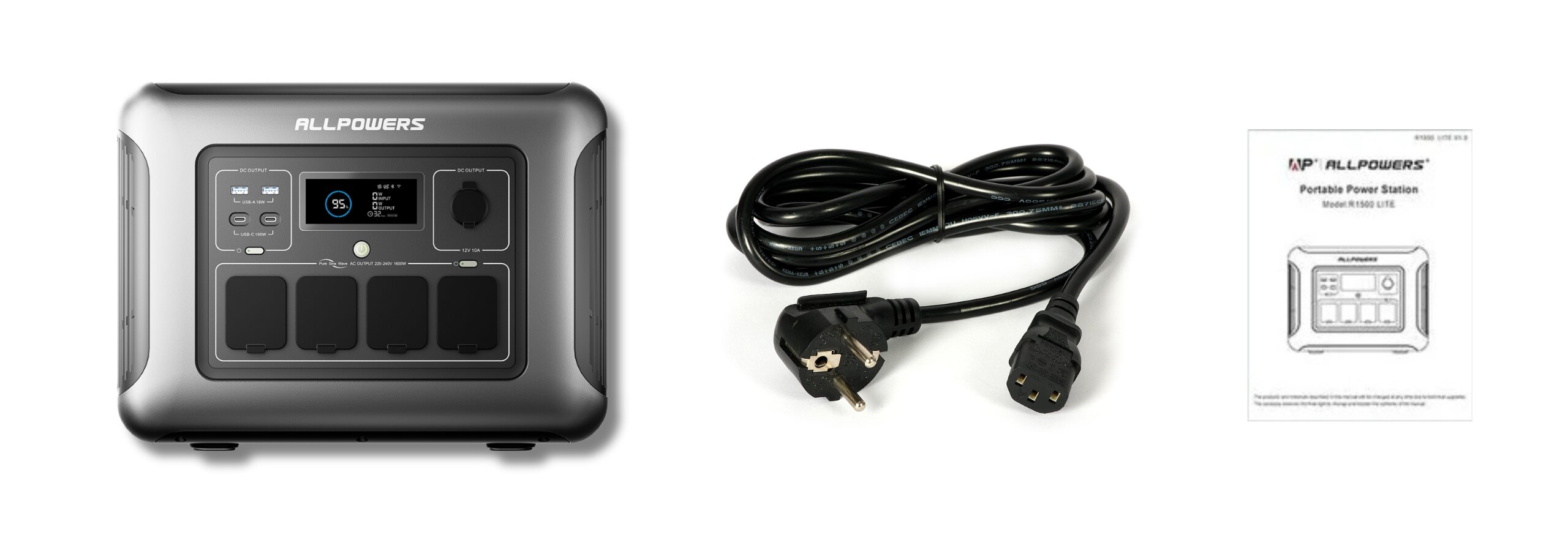 Na obrazie widoczna jest przenośna stacja zasilania z logo \'ALLPOWERS\', czarny kabel z wtyczką oraz instrukcja obsługi z napisem \'ALLPOWERS Portable Power Station Model: R1500 Lite\'.