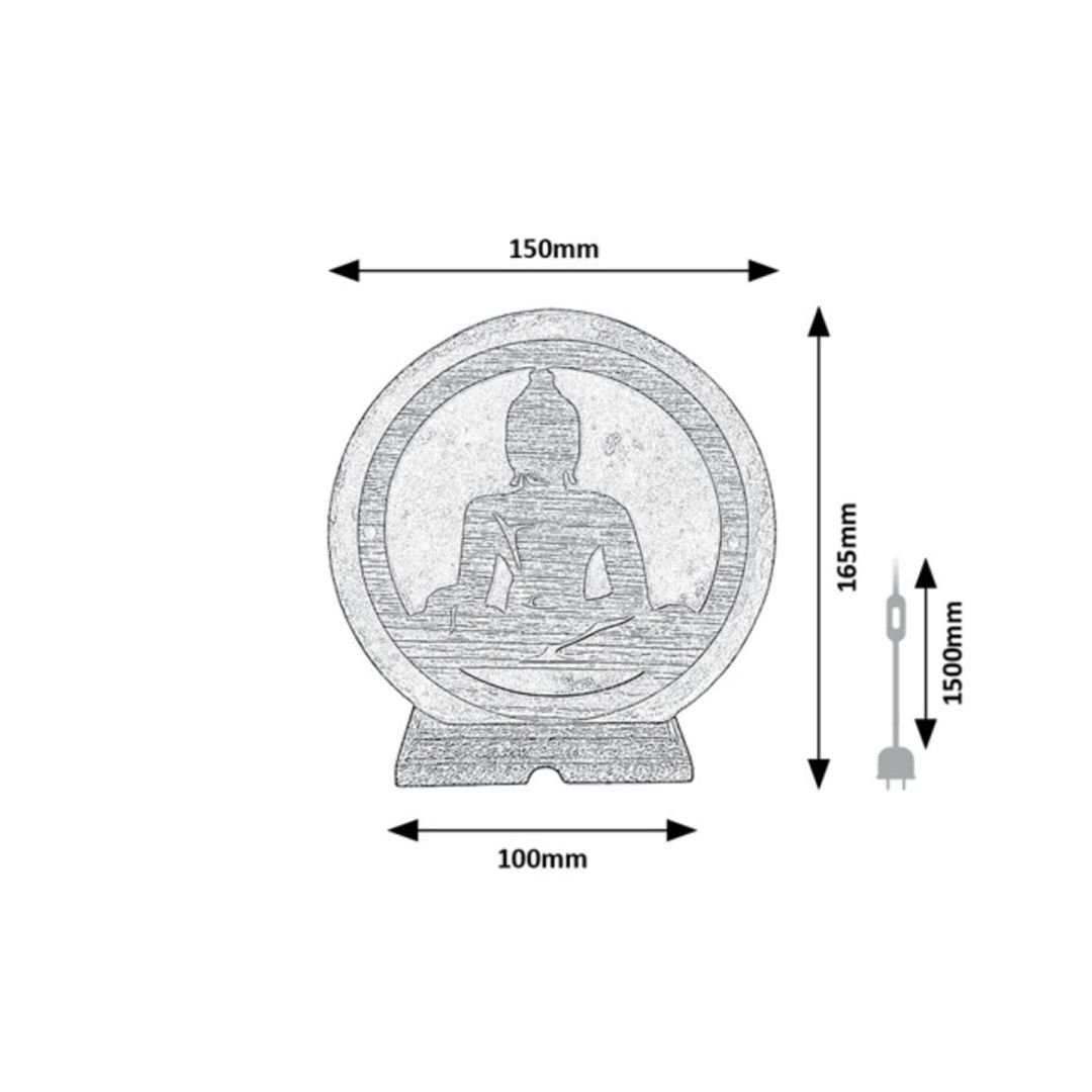 Ilustracja przedstawia wymiary lampy solnej z motywem siedzącej postaci w okręgu. Wymiary to 150mm szerokości, 165mm wysokości, a podstawa ma 100mm szerokości.