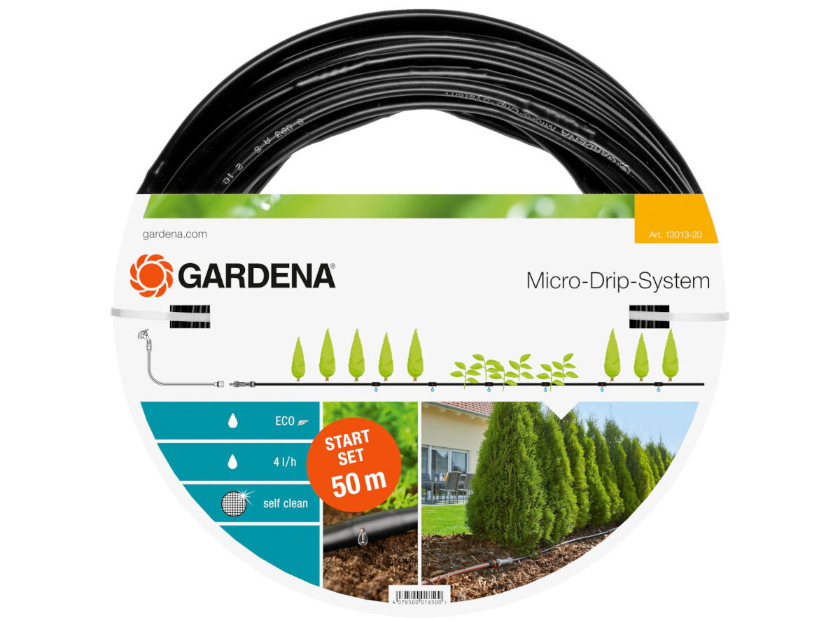 Zestaw do nawadniania GARDENA Micro-Drip-System 13013-20 (50 m), reduktor, ciśnienie, woda, podlewanie, na białym tle pełen zestaw do nawadniania