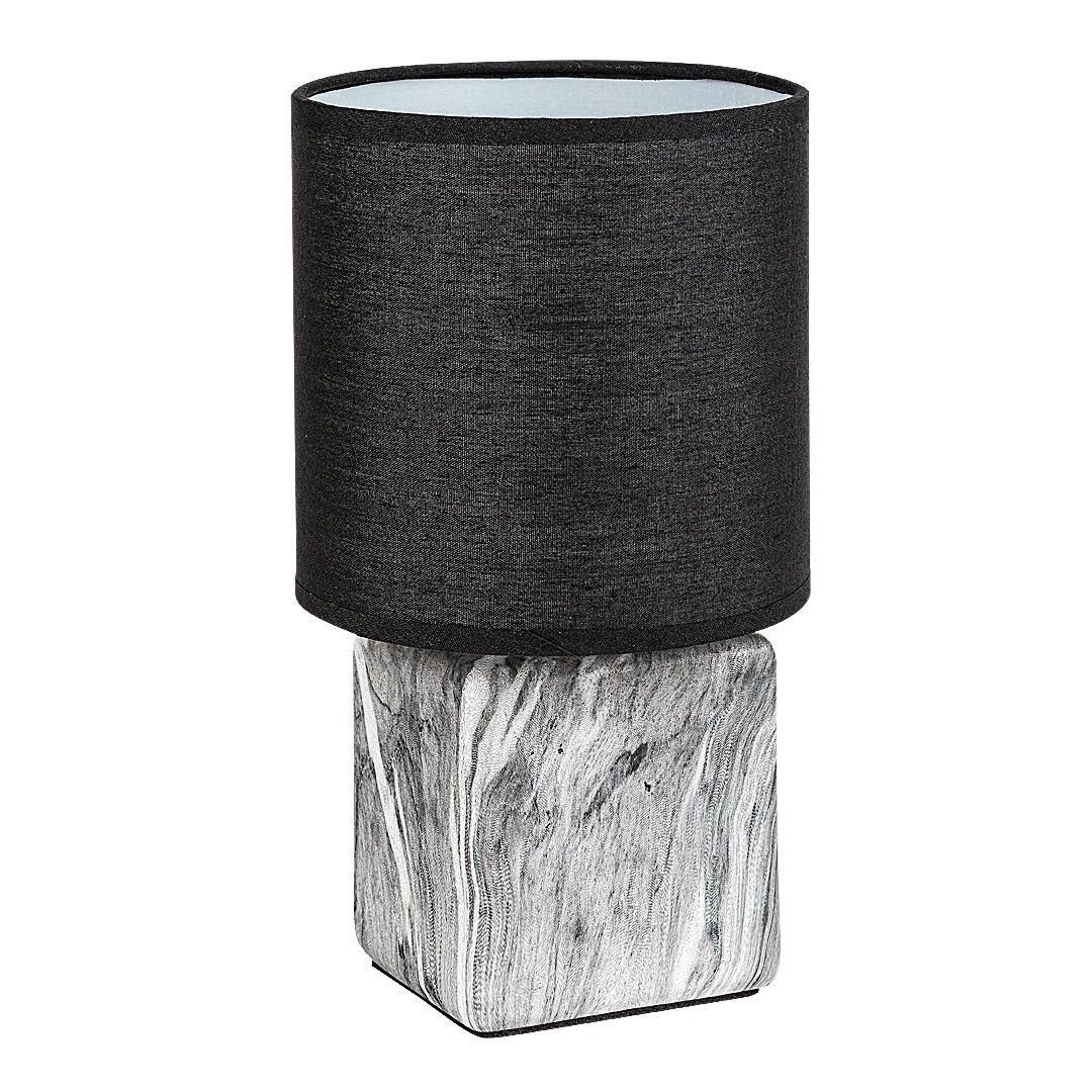 Lampa nocna z czarnym, cylindrycznym abażurem i podstawą imitującą marmur w odcieniach szarości.