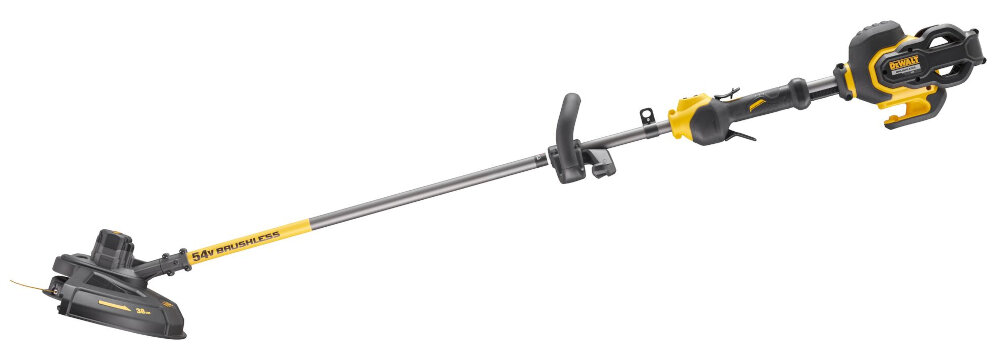 Na obrazie widoczna jest podkaszarka akumulatorowa z żółtymi i czarnymi elementami. Na obudowie znajduje się napis \'54V BRUSHLESS\' oraz logo producenta \'DEWALT\'.