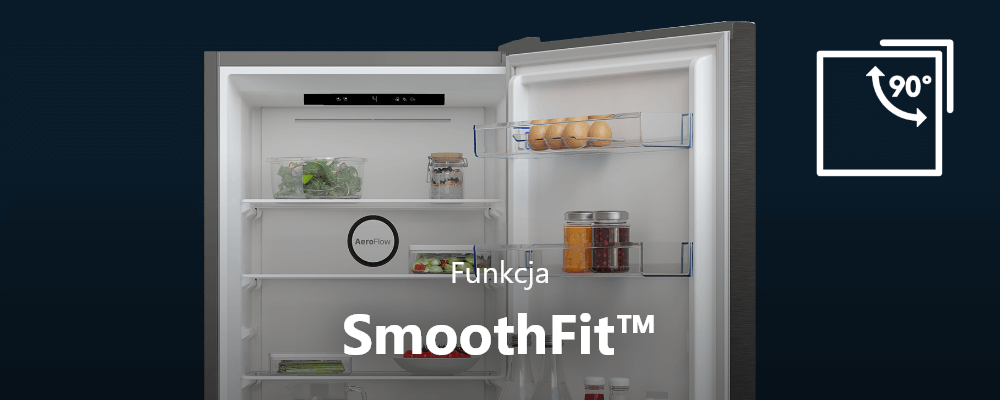 LODÓWKA BEKO B3RCNA415HXBR Zdjęcie pokazuje otwartą lodówkę z podpisem „Funkcja SmoothFit™”, podkreślając możliwość wygodnego otwierania drzwi pod kątem 90°. Obok znajduje się ikonka symbolizująca tę funkcję SmoothFit otwieranie drzwi 90 stopni wąskie przestrzenie ergonomia komfort ustawienie lodówki