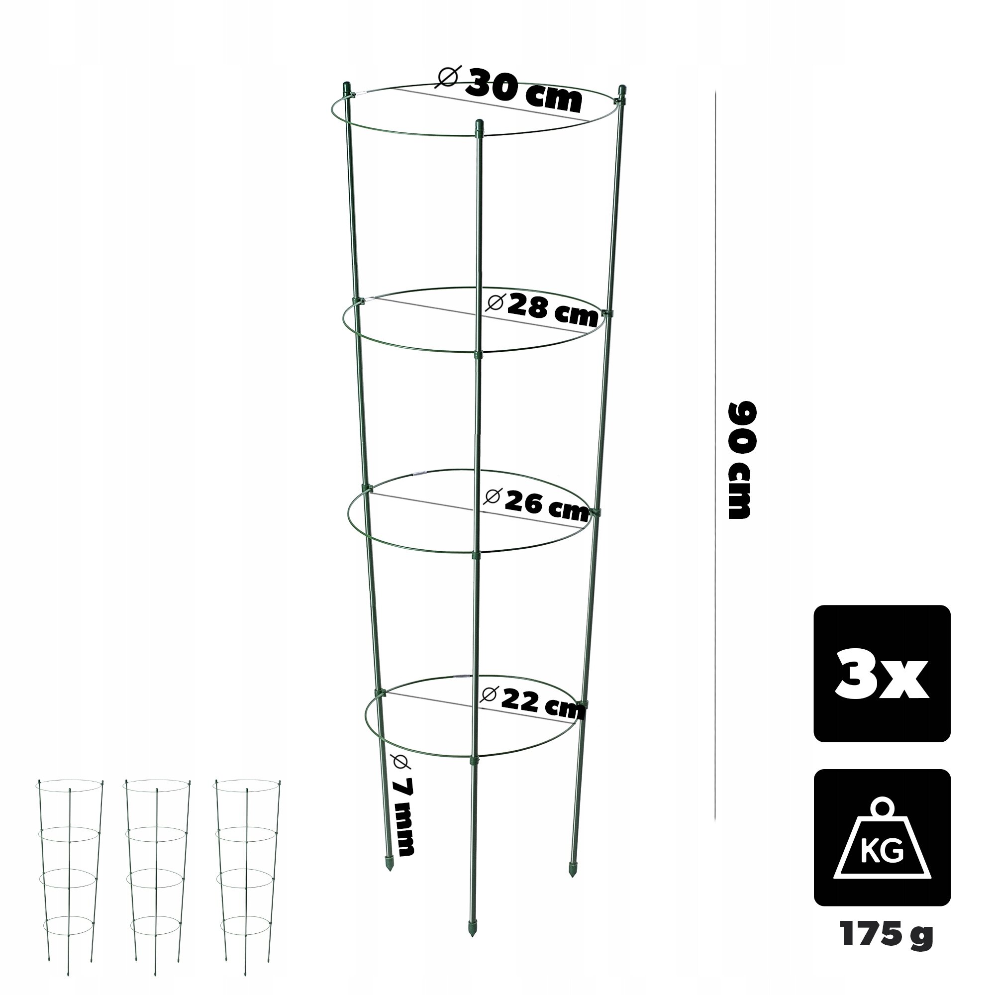 Obraz przedstawia metalową podporę pierścieniową do roślin o wysokości 90 cm z czterema obręczami o średnicach 30 cm, 28 cm, 26 cm i 22 cm. W prawym dolnym rogu widnieje informacja \'3x\' oraz \'175 g\'.