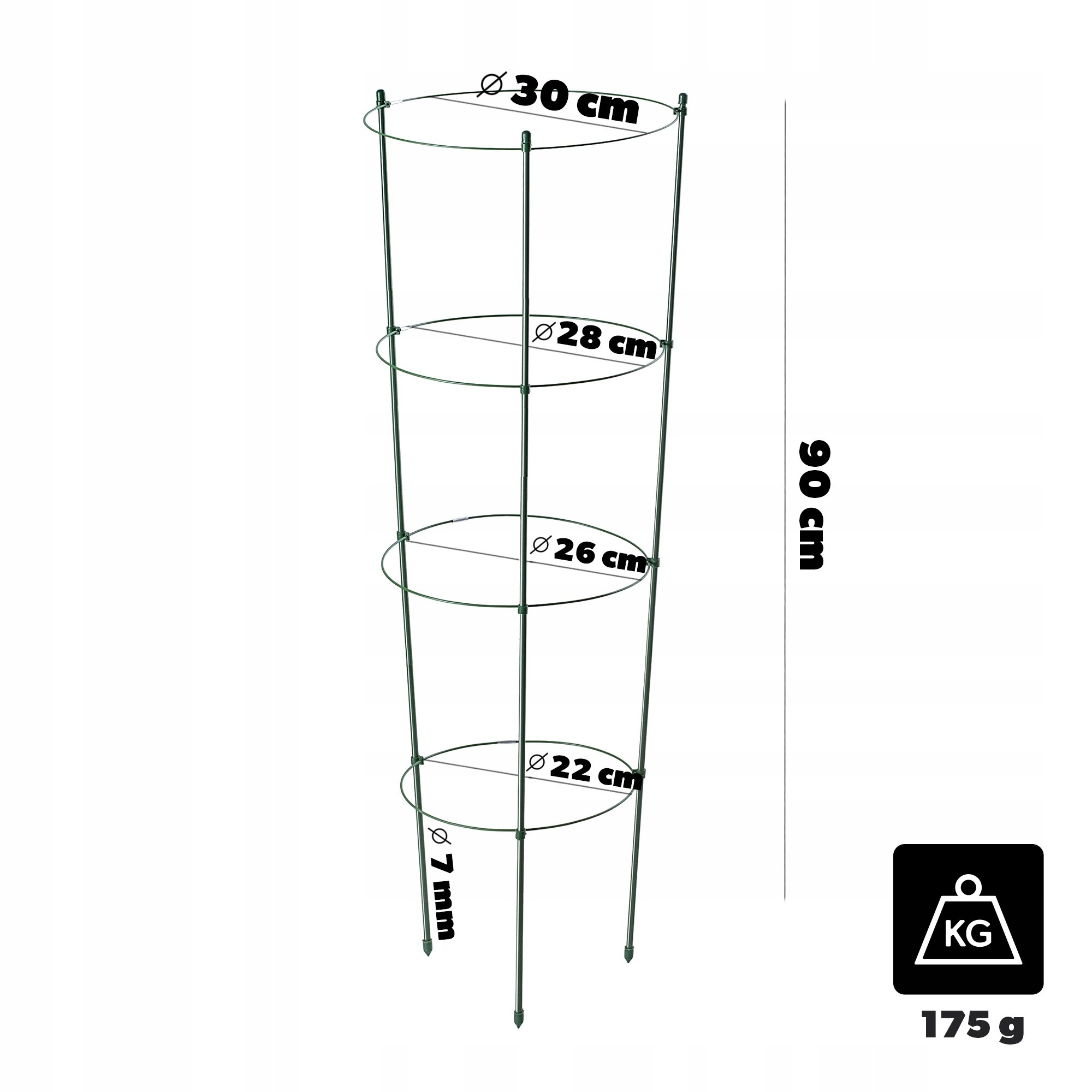 Metalowa podpora pierścieniowa do roślin o wysokości 90 cm, składająca się z czterech obręczy o średnicach 30 cm, 28 cm, 26 cm i 22 cm. Grubość prętów wynosi 7 mm, a waga całkowita to 175 g.