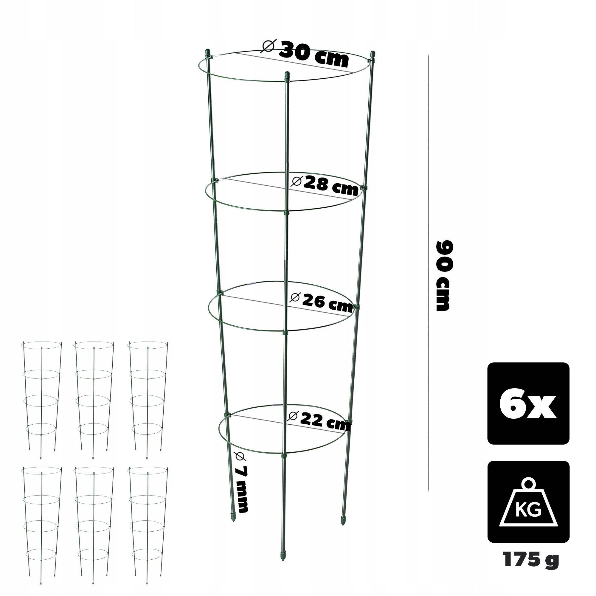 Obraz przedstawia metalową podporę pierścieniową do roślin o wysokości 90 cm z czterema obręczami o średnicach 30 cm, 28 cm, 26 cm i 22 cm. W prawym dolnym rogu widnieje informacja \'6x\' oraz symbol wagi z napisem \'175 g\'.