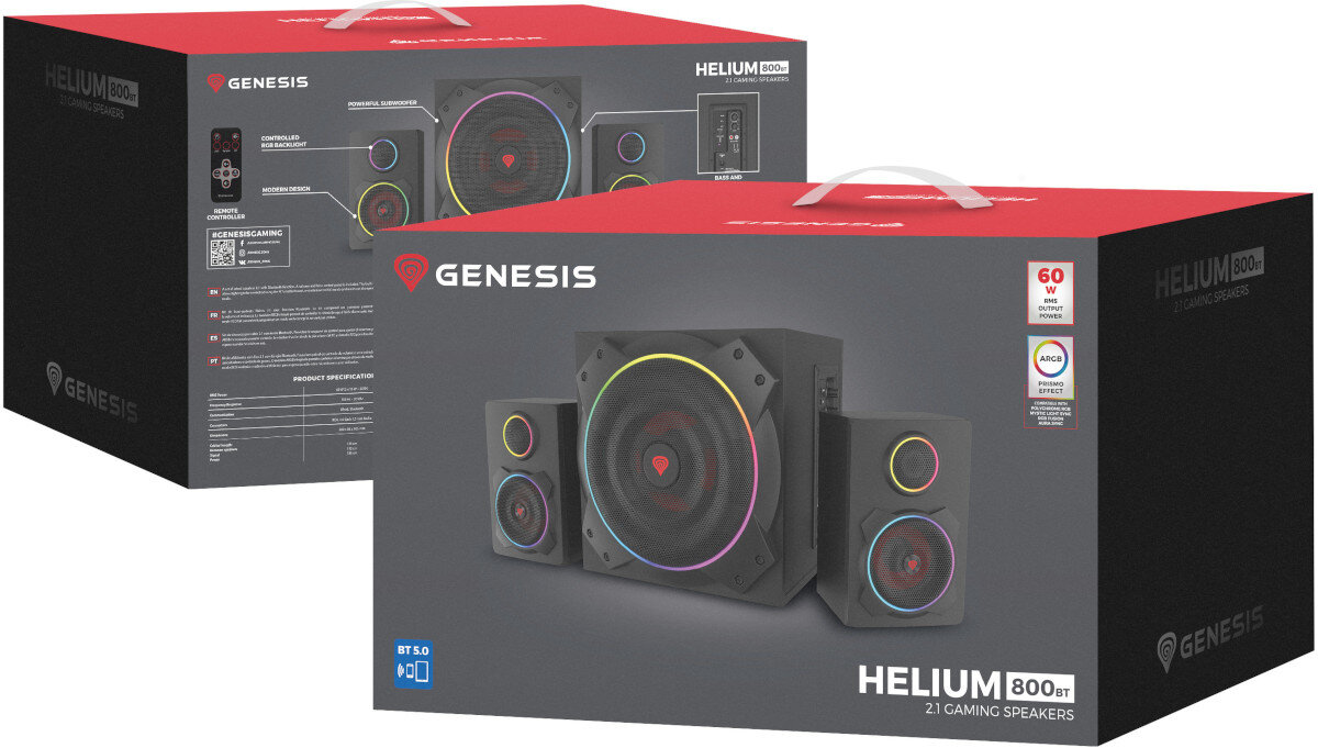 Na obrazie widoczne są dwa opakowania głośników z logo GENESIS i napisem HELIUM 800BT 2.1 GAMING SPEAKERS. Opakowania mają czarno-czerwony design z grafiką przedstawiającą głośniki z kolorowym podświetleniem.