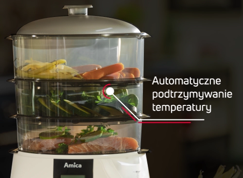 Parowar z trzema przezroczystymi pojemnikami, w których znajdują się warzywa i mięso. Obok widoczny jest tekst: \'Automatyczne podtrzymywanie temperatury\'.