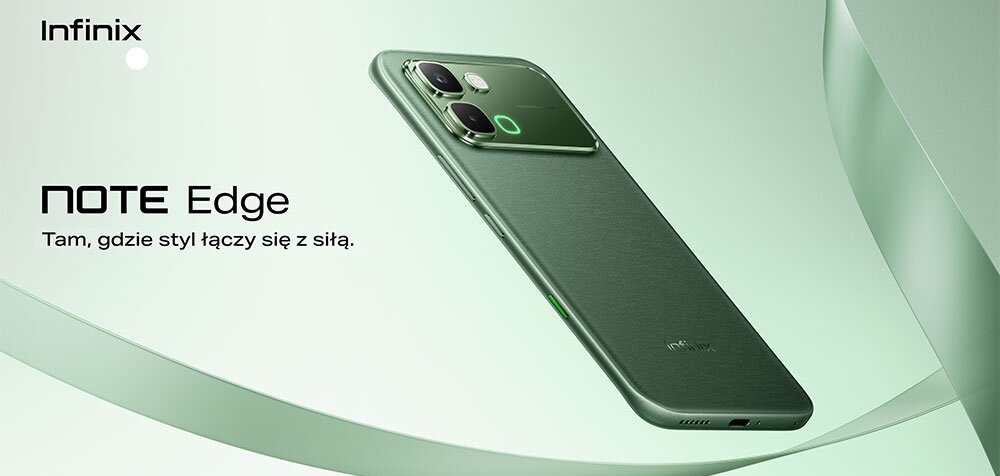 Obraz przedstawia zielony smartfon z dużym ekranem i dwoma aparatami z tyłu. Na obrazie widoczny jest tekst: \'Infinix NOTE Edge Tam, gdzie styl łączy się z siłą.\'