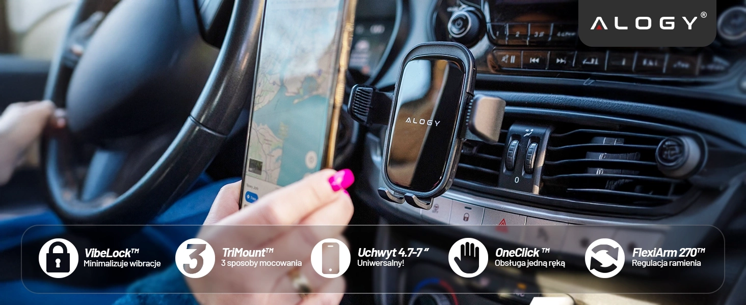 Uchwyt samochodowy Alogy zamontowany na kratce wentylacyjnej, trzymający telefon z widoczną mapą. Na dole obrazu znajdują się ikony z napisami: \'VibeLock™ Minimalizuje wibracje\', \'TriMount™ 3 sposoby mocowania\', \'Uchwyt 4.7-7\
