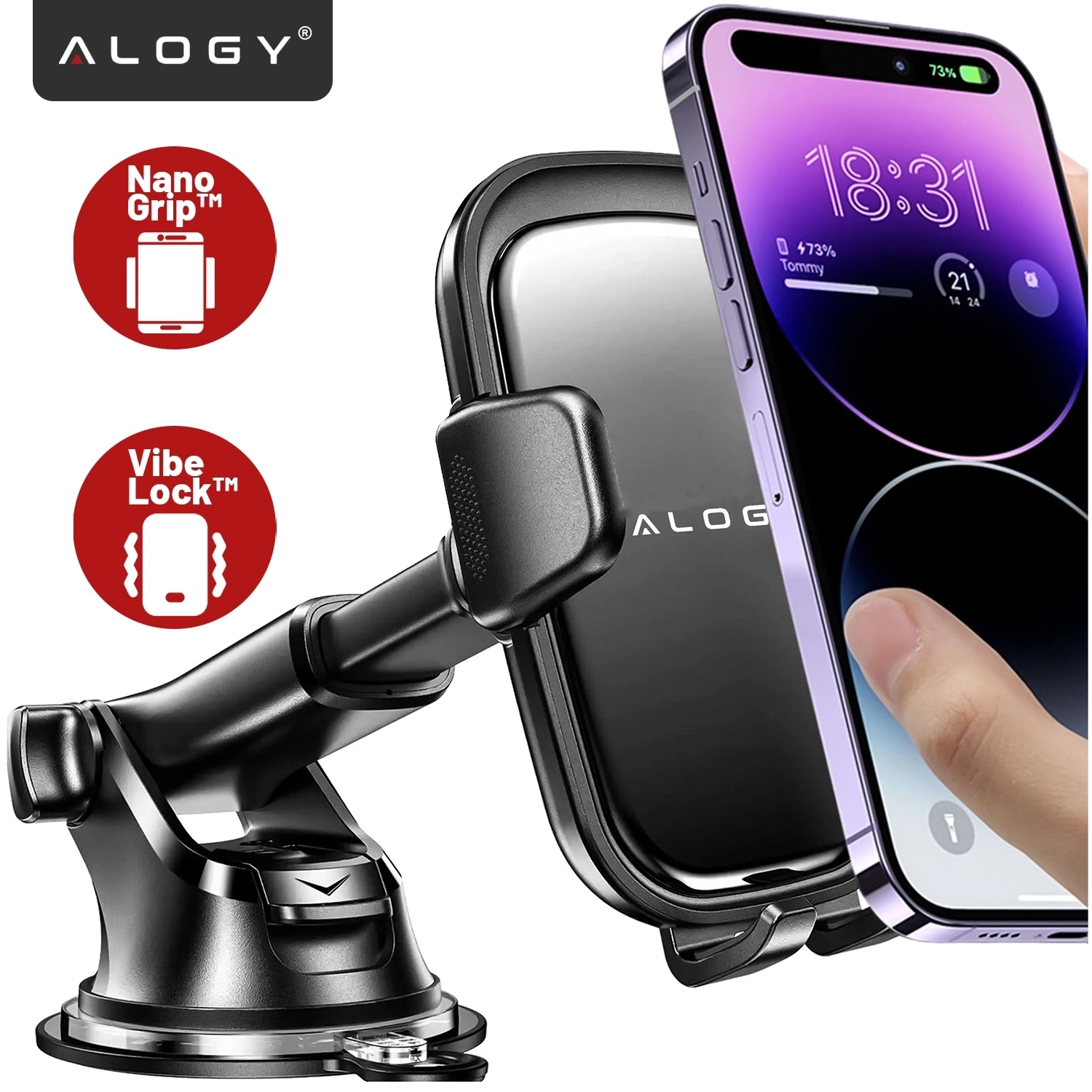 Na obrazie widoczny jest czarny uchwyt samochodowy na telefon z logo \'ALOGY\', obok którego znajduje się telefon z wyświetlaczem. Po lewej stronie znajdują się dwa czerwone okrągłe symbole z napisami \'Nano Grip™\' i \'Vibe Lock™\'.