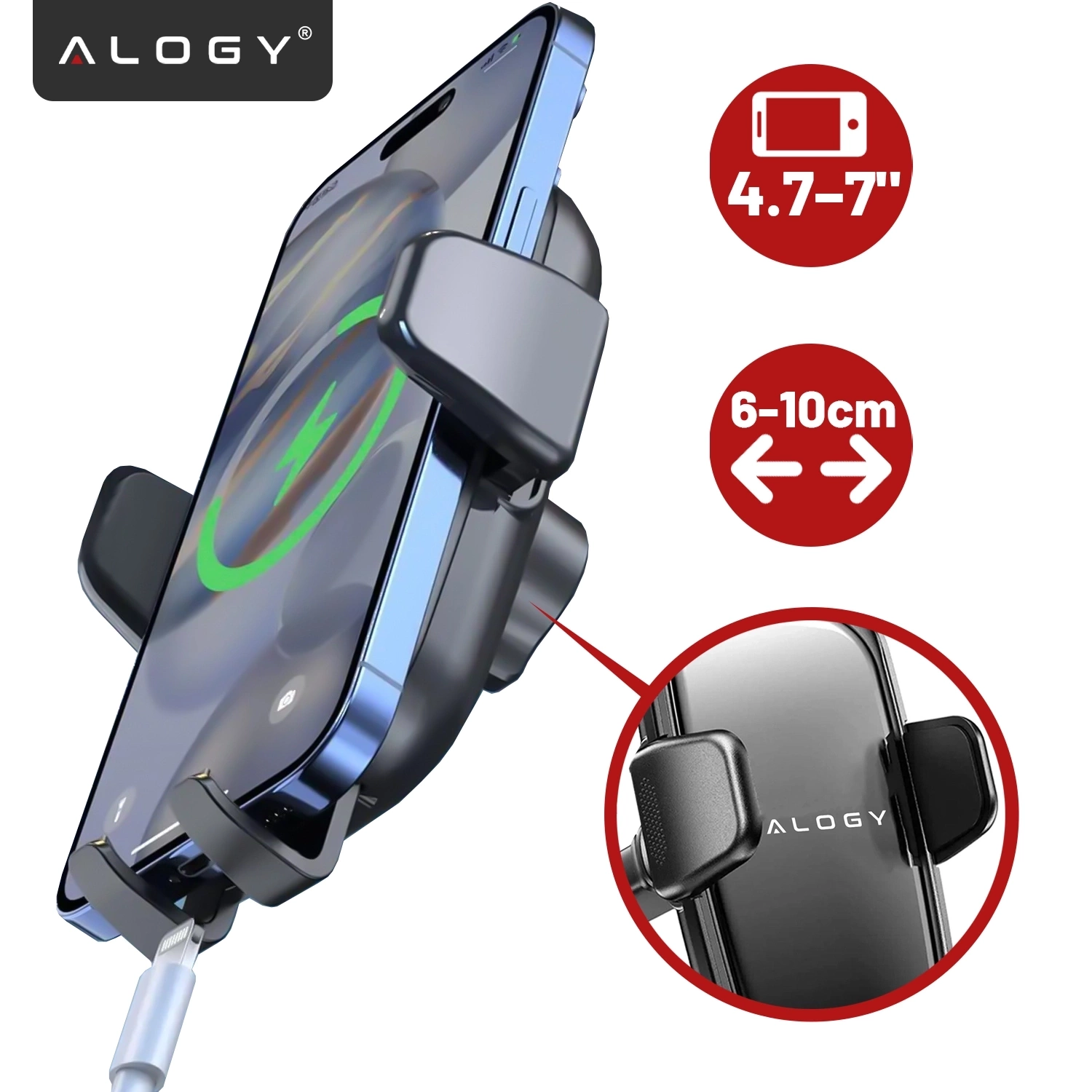 Uchwyt samochodowy na telefon w kolorze czarnym z logo \'Alogy\', przeznaczony do urządzeń o rozmiarze 4.7-7 cali i szerokości 6-10 cm. Obraz przedstawia telefon zamocowany w uchwycie z widocznym kablem do ładowania.