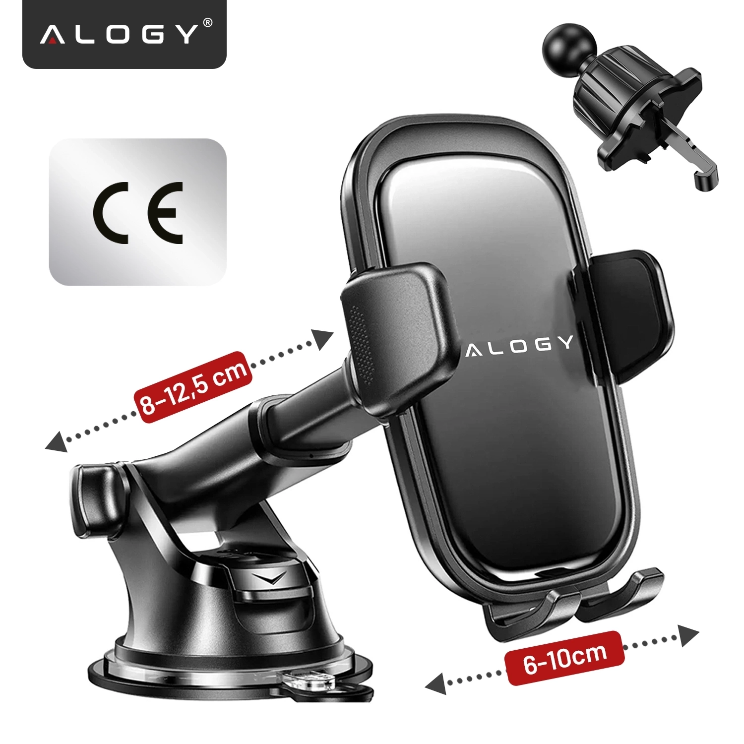Czarny uchwyt samochodowy na telefon z logo \'ALOGY\', z regulacją długości ramienia od 8 do 12,5 cm i szerokości uchwytu od 6 do 10 cm. Obok widoczne jest oznaczenie \'CE\'.