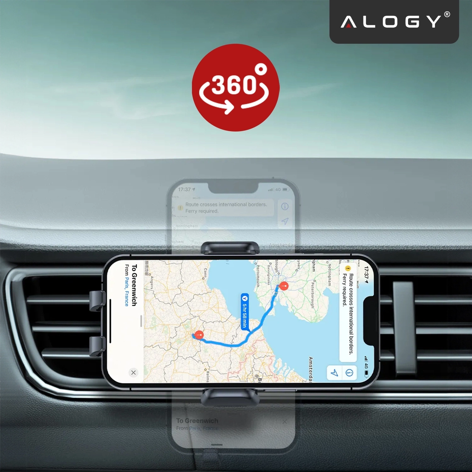 Na obrazie widoczny jest uchwyt samochodowy z zamocowanym telefonem, na którym wyświetlana jest mapa z trasą. W górnym rogu znajduje się logo \'ALOGY\' oraz symbol 360° na czerwonym tle.