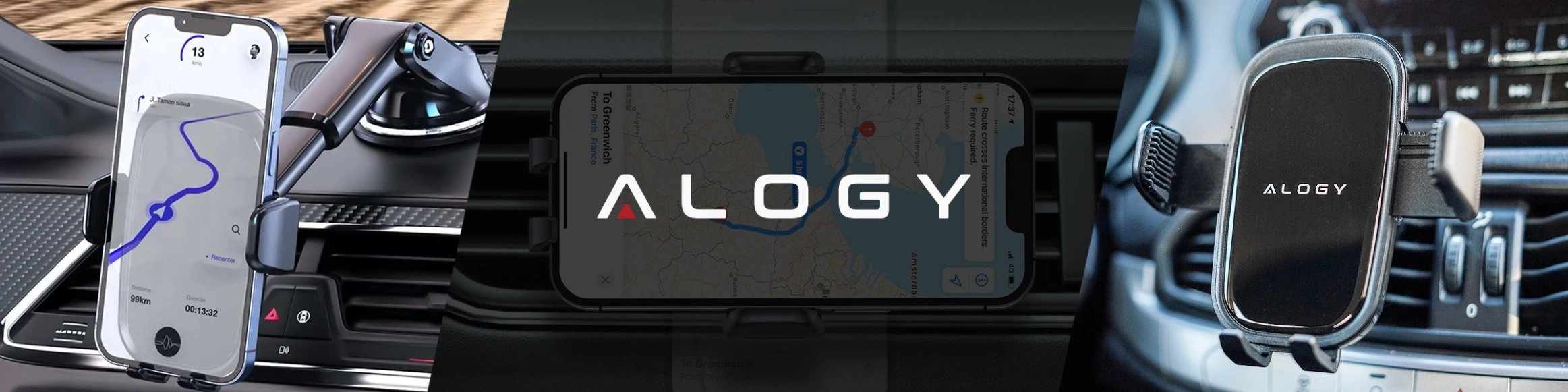 Trzy zdjęcia przedstawiają uchwyt samochodowy na telefon marki Alogy. Na środkowym zdjęciu widoczny jest napis \'ALOGY\' na ekranie telefonu z mapą.
