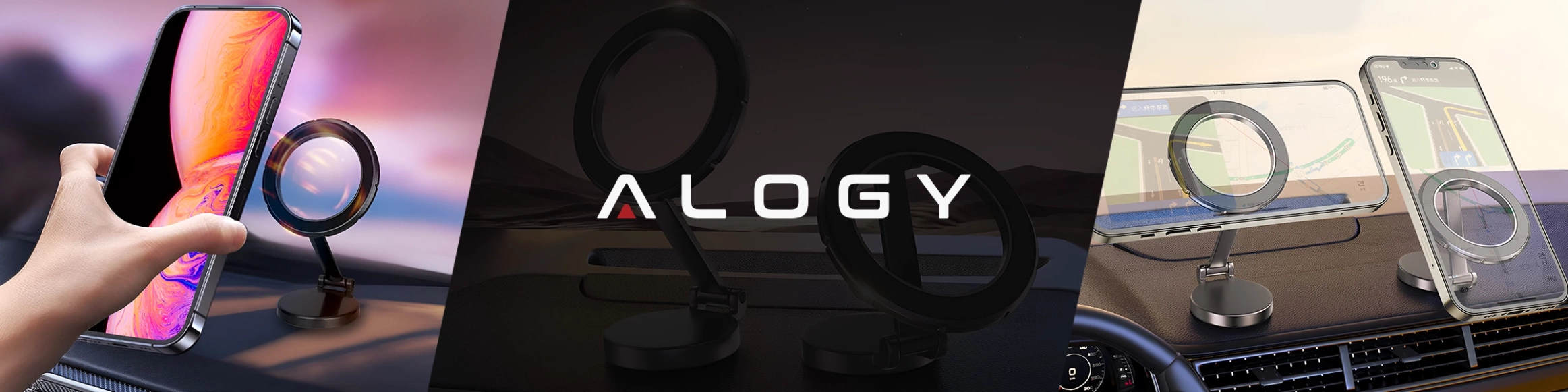 Obraz przedstawia trzy ujęcia uchwytu samochodowego na telefon z funkcją magnetyczną, zamontowanego na desce rozdzielczej. Na środku widoczne jest logo \'ALOGY\'.