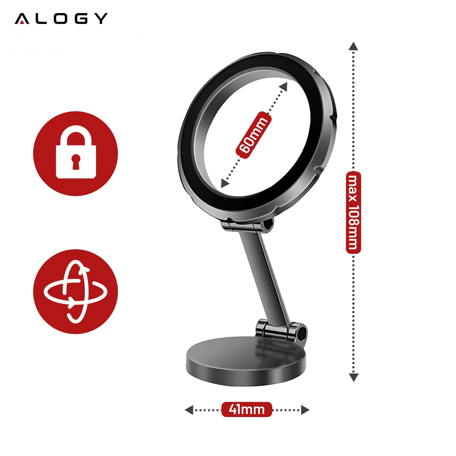 Obraz przedstawia magnetyczny uchwyt samochodowy na telefon w kolorze czarnym z logo \'ALOGY\'. Widoczne są wymiary: 60mm średnicy, maksymalna wysokość 108mm i szerokość podstawy 41mm.