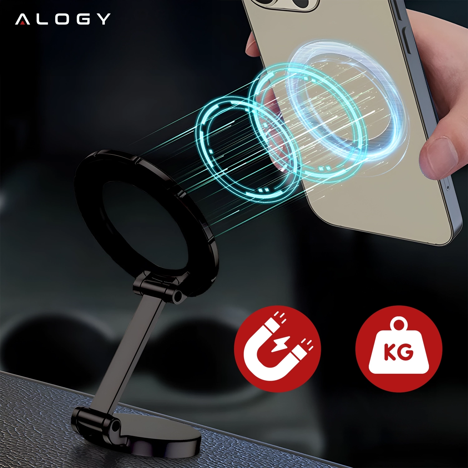 Obraz przedstawia czarny uchwyt samochodowy na telefon z funkcją magnetyczną, z logo \'ALOGY\' w lewym górnym rogu. Obok uchwytu widoczne są ikony symbolizujące magnes i wagę.