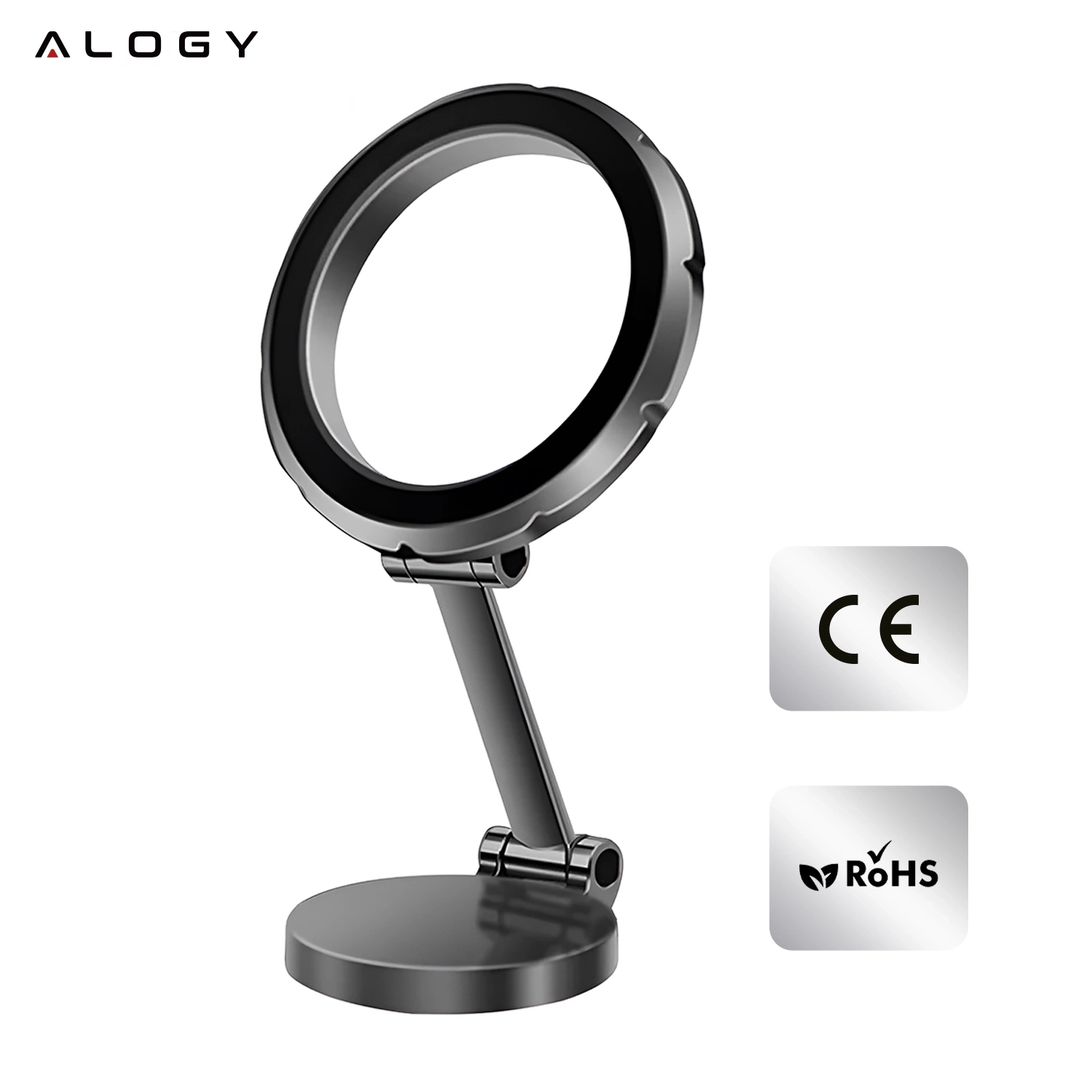 Czarny uchwyt samochodowy na telefon z magnetycznym mocowaniem, z logo \'ALOGY\' u góry. Obok znajdują się symbole certyfikatów \'CE\' i \'RoHS\'.