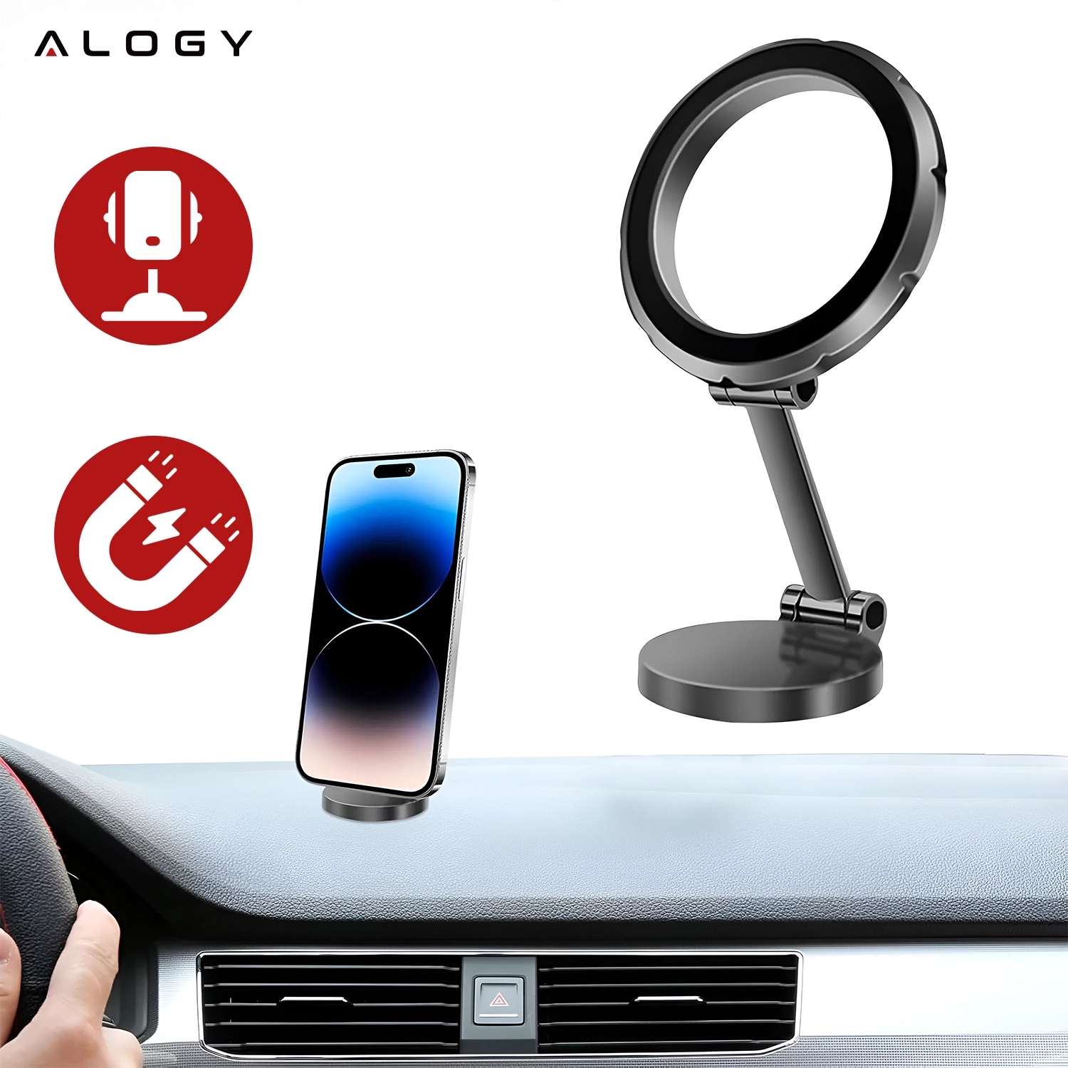 Obraz przedstawia magnetyczny uchwyt samochodowy na telefon w kolorze czarnym, zamontowany na desce rozdzielczej. Widoczne są również dwa czerwone symbole: uchwytu i magnesu oraz logo \'ALOGY\'.