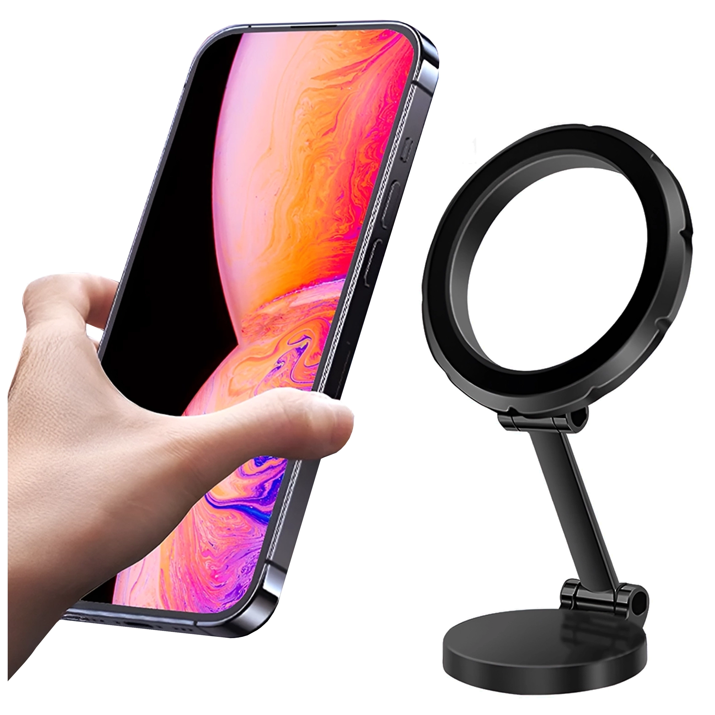 Na obrazie widoczny jest czarny uchwyt samochodowy na telefon z magnetycznym mocowaniem oraz ręka trzymająca telefon z kolorowym ekranem. Uchwyt ma okrągłą podstawę i regulowane ramię.