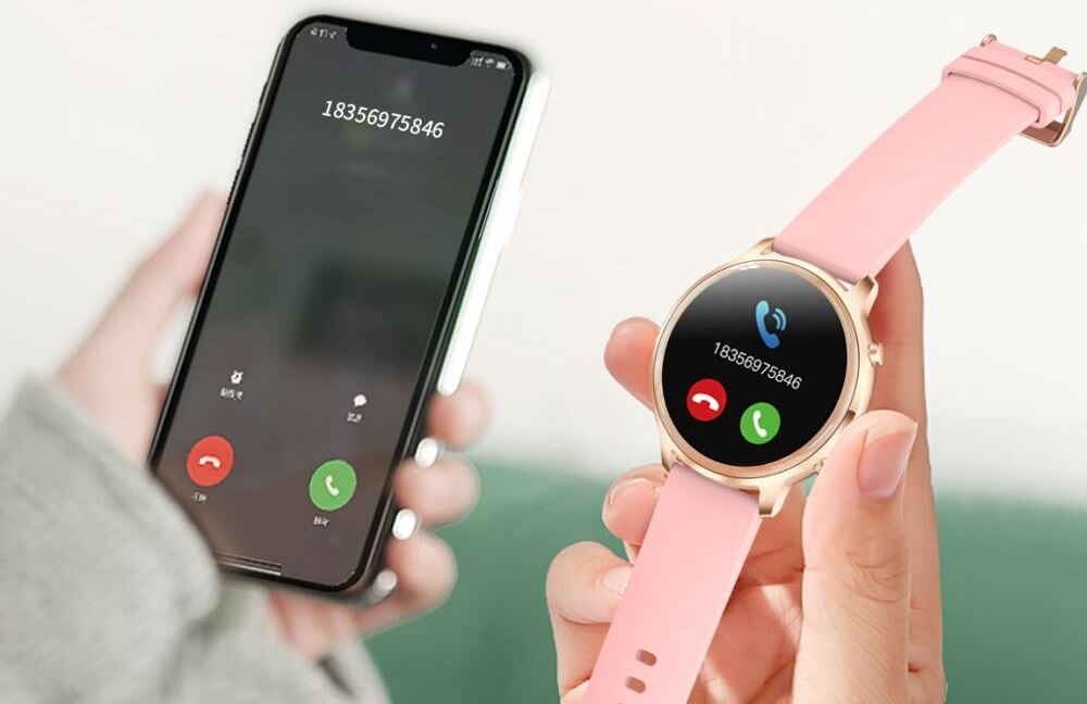 Osoba trzyma smartfon z wyświetlonym numerem 18356975846 oraz smartwatch z różowym paskiem, na którym również widoczny jest ten sam numer i ikony połączenia.