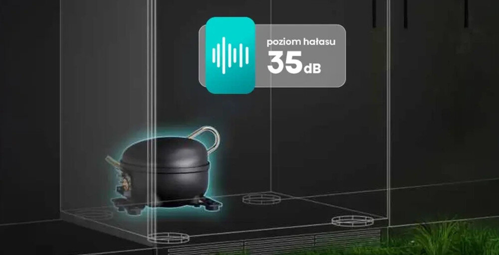 LODÓWKA HISENSE RB3B370SAWD1 Grafika prezentuje niski poziom hałasu urządzenia wynoszący 35 dB. Symbol sprężarki podkreśla cichą pracę chłodziarko-zamrażarki 35 dB cicha praca komfort użytkowania niski hałas