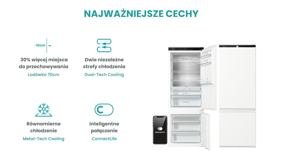 LODÓWKA HISENSE RB3B370SAWD1 Grafika prezentuje najważniejsze funkcje lodówko-zamrażarki, takie jak większa przestrzeń do przechowywania, dwie niezależne strefy chłodzenia, równomierne chłodzenie oraz zdalne sterowanie przez aplikację. Obok ikon widoczne jest urządzenie z otwartymi drzwiami oraz smartfon z funkcją ConnectLife