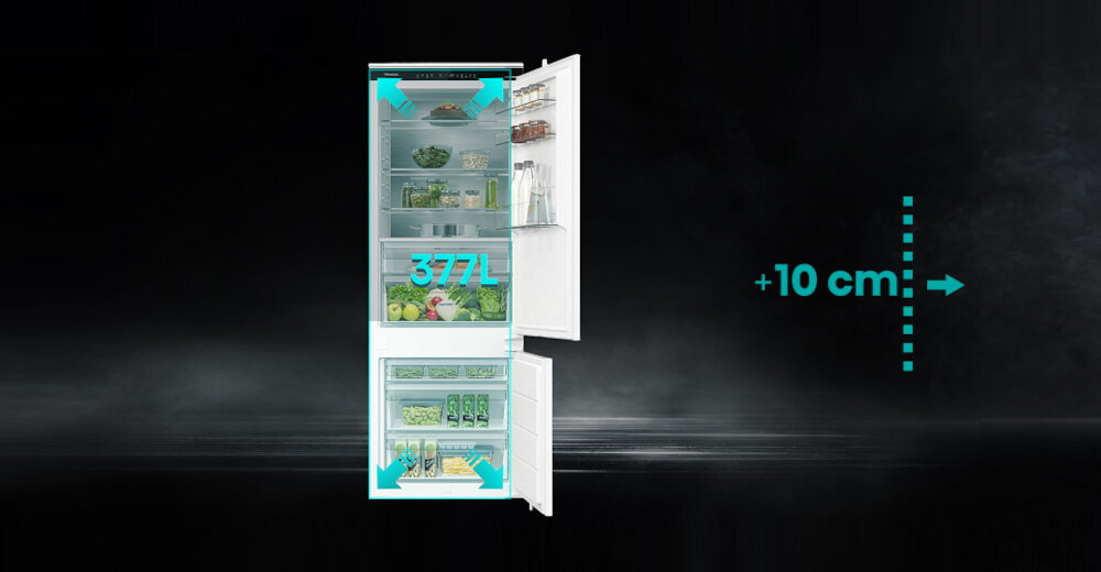 LODÓWKA HISENSE RB3B370SAWD1 Grafika prezentuje pojemne wnętrze lodówko-zamrażarki o łącznej pojemności 377 l. Oznaczenie +10 cm podkreśla większą przestrzeń do przechowywania produktów 30% więcej miejsca lodówka 70 cm większa pojemność zabudowa
